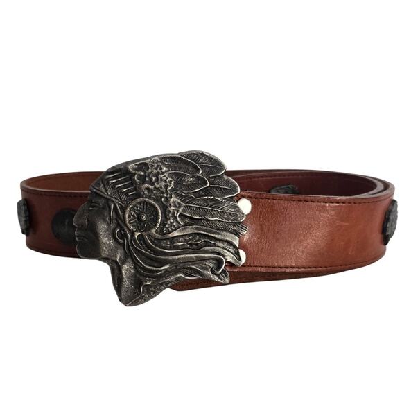 Another Line Inc Brown Leather Belt Indian Head Buckle Studs - Picture 1 of 7